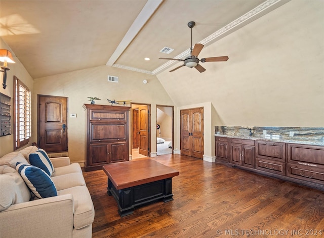 living area featuring a ceiling fan, dark wood-style flooring, baseboards, and visible vents