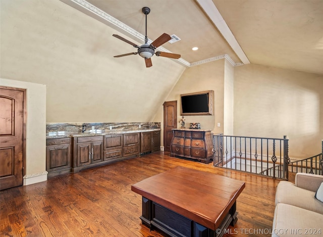 living area featuring visible vents, baseboards, a ceiling fan, dark wood finished floors, and lofted ceiling