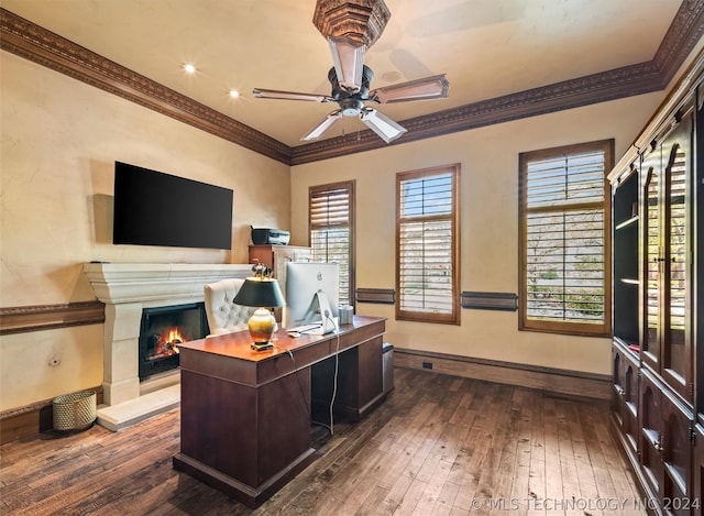 office space featuring dark wood-type flooring, ceiling fan, and ornamental molding