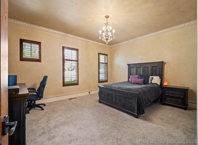 bedroom with ornamental molding, light colored carpet, and a chandelier