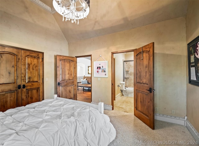 bedroom with vaulted ceiling, a notable chandelier, ensuite bathroom, baseboards, and light colored carpet