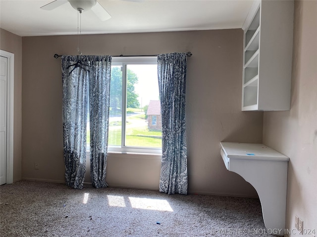 carpeted spare room with ceiling fan