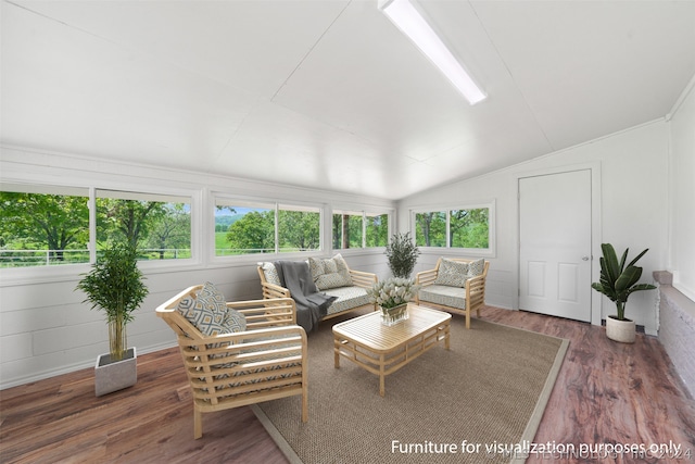 living room featuring dark hardwood / wood-style floors, plenty of natural light, and lofted ceiling