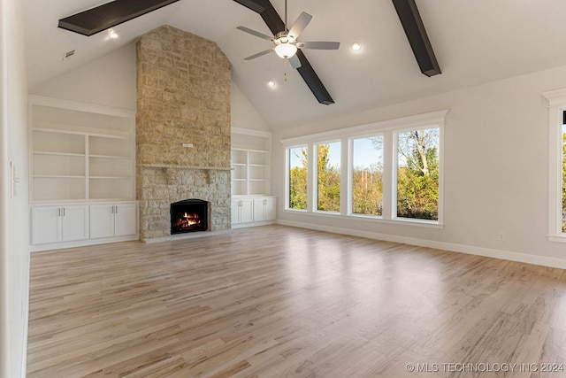 unfurnished living room with ceiling fan, built in features, high vaulted ceiling, a fireplace, and light wood-type flooring