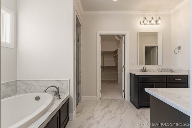 bathroom featuring vanity, ornamental molding, and plus walk in shower