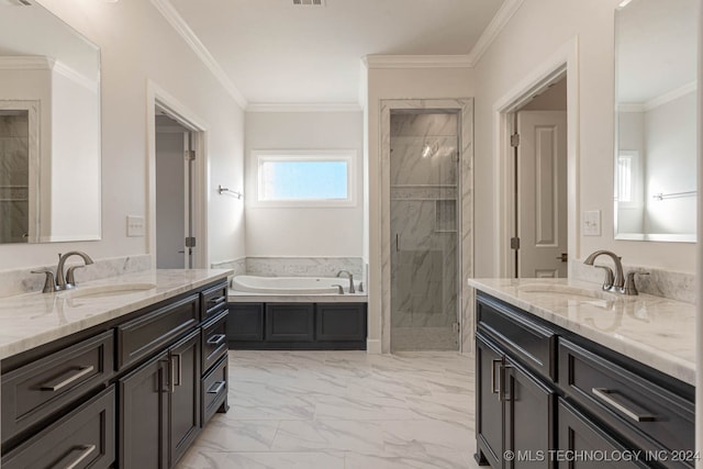 bathroom featuring vanity, separate shower and tub, and crown molding