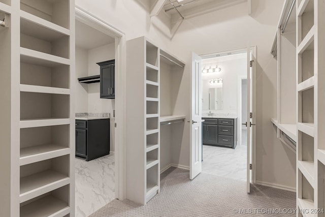 walk in closet with carpet flooring and sink