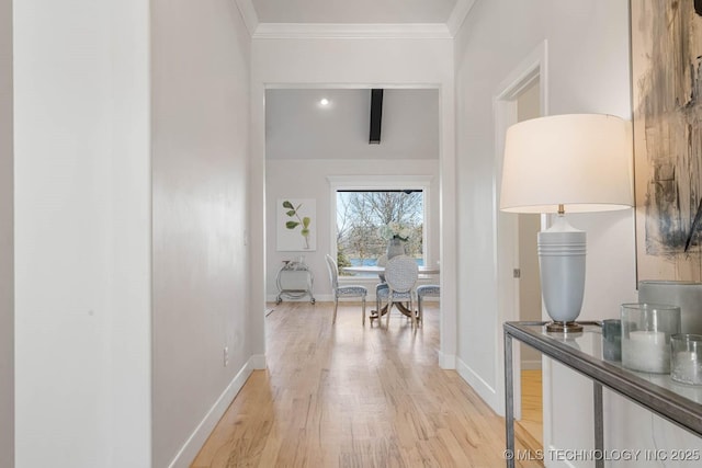 hall with crown molding and light hardwood / wood-style flooring