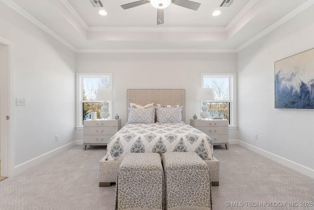 bedroom featuring ceiling fan, light colored carpet, ornamental molding, and a raised ceiling