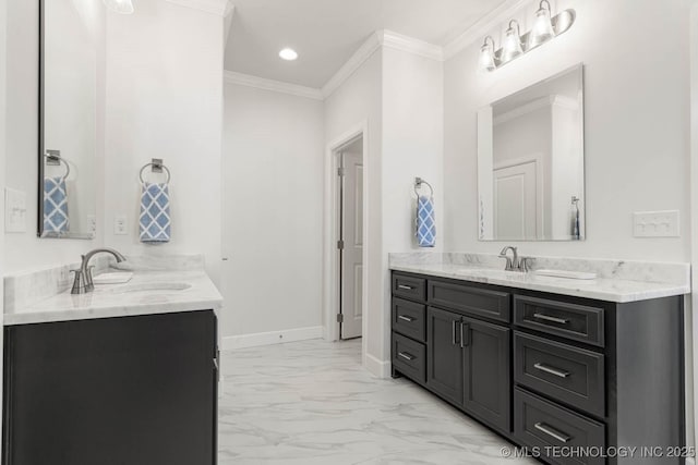 bathroom with vanity and ornamental molding