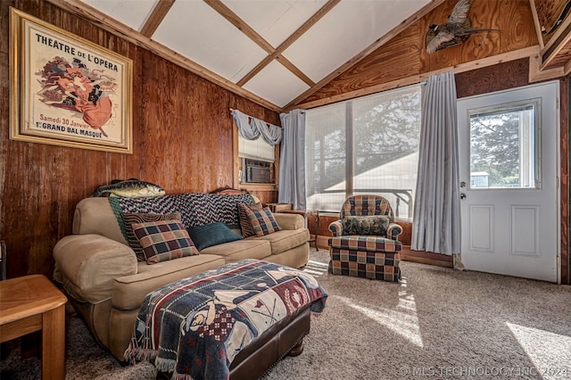 carpeted living room featuring beamed ceiling, high vaulted ceiling, and wood walls