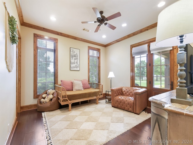 sitting room with ceiling fan, french doors, light hardwood / wood-style floors, and ornamental molding