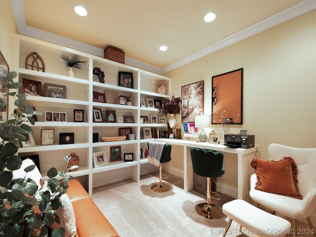 sitting room with light colored carpet and crown molding