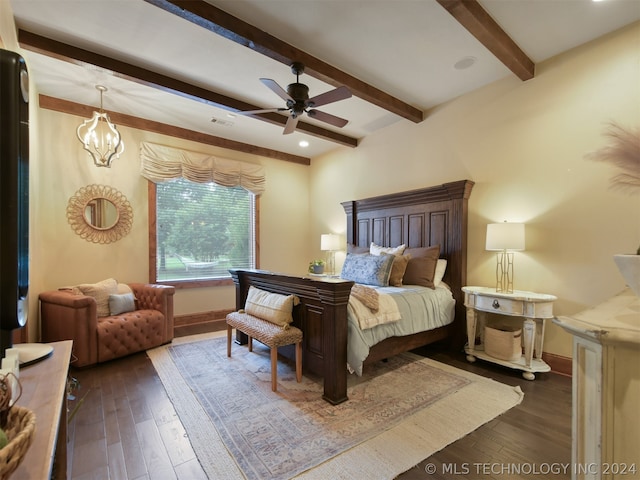 bedroom with dark hardwood / wood-style floors, beam ceiling, and ceiling fan with notable chandelier