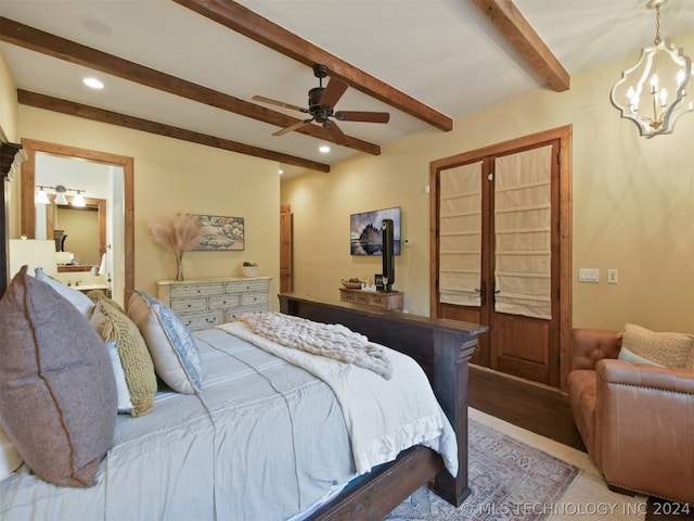 bedroom with beam ceiling, ceiling fan, and french doors