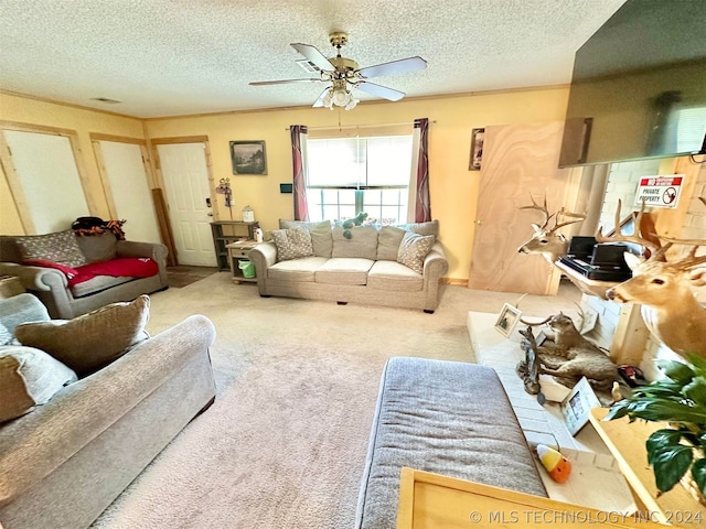 living room with ceiling fan, carpet floors, and a textured ceiling