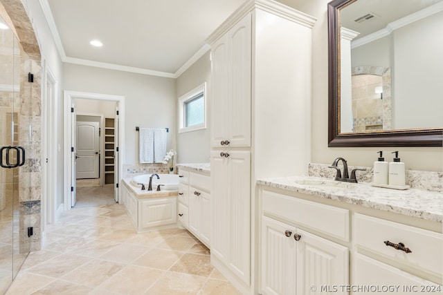 bathroom with tile flooring, shower with separate bathtub, ornamental molding, and vanity