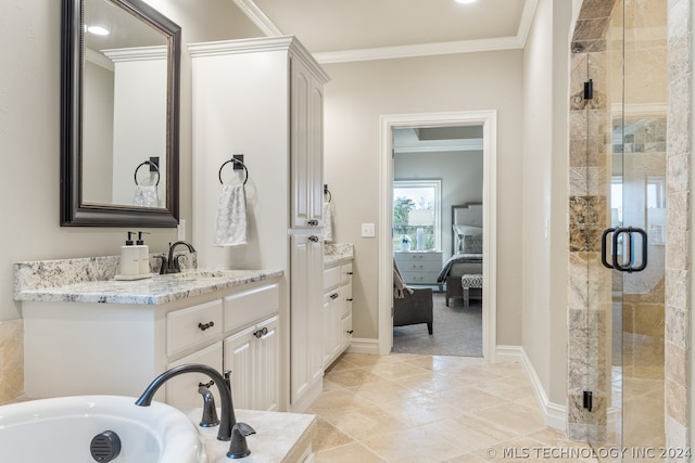 bathroom featuring tile flooring, oversized vanity, ornamental molding, and separate shower and tub