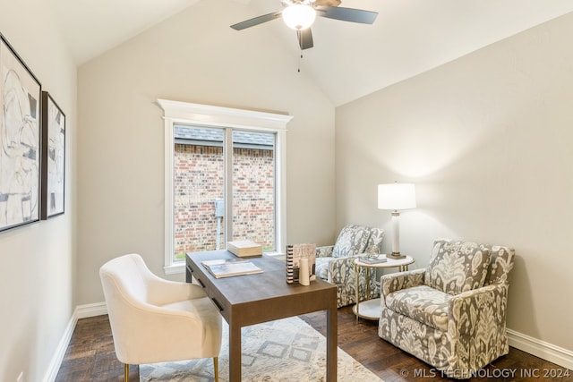 home office featuring a healthy amount of sunlight, dark hardwood / wood-style floors, ceiling fan, and vaulted ceiling