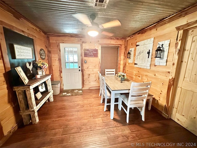 dining area featuring hardwood / wood-style flooring, ceiling fan, and wood walls