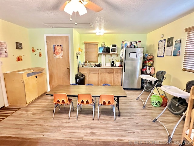 dining space featuring ceiling fan, light hardwood / wood-style floors, and a textured ceiling