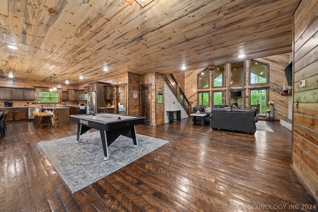 game room with wood ceiling, wood walls, and dark hardwood / wood-style flooring