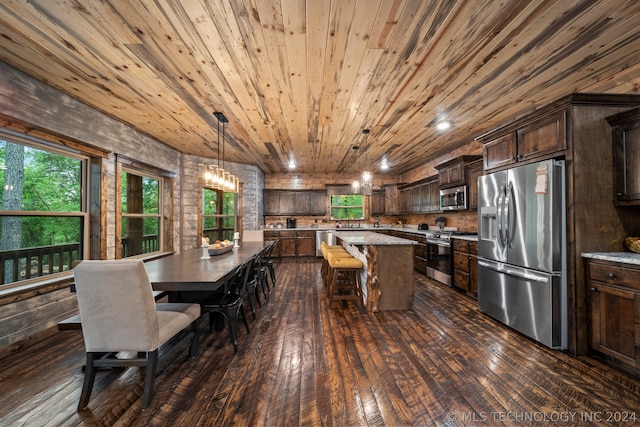 kitchen with stainless steel appliances, wooden ceiling, dark hardwood / wood-style flooring, and a kitchen island