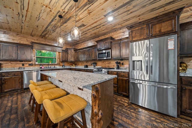 kitchen featuring appliances with stainless steel finishes, wooden ceiling, a center island, and dark hardwood / wood-style flooring