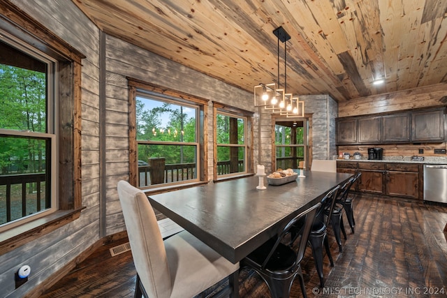 dining space featuring wooden ceiling, dark hardwood / wood-style flooring, wooden walls, and an inviting chandelier