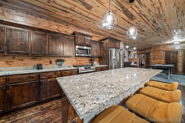 kitchen with a kitchen island, appliances with stainless steel finishes, decorative light fixtures, wood walls, and wood ceiling