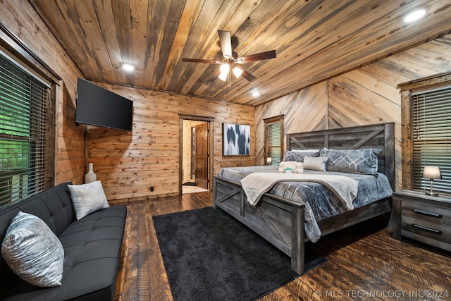 bedroom featuring wooden ceiling, dark wood-type flooring, and wood walls