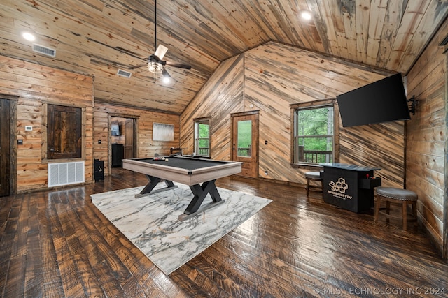 playroom with pool table, ceiling fan, wood ceiling, and dark hardwood / wood-style floors