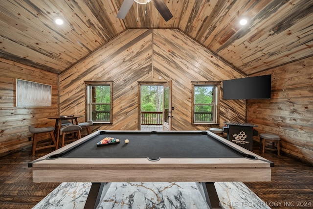 rec room featuring ceiling fan, vaulted ceiling, dark wood-type flooring, pool table, and wooden ceiling