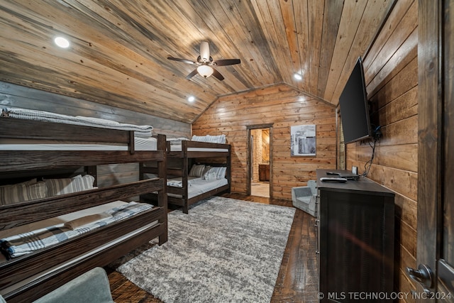 bedroom featuring wooden ceiling, dark hardwood / wood-style flooring, wooden walls, and lofted ceiling