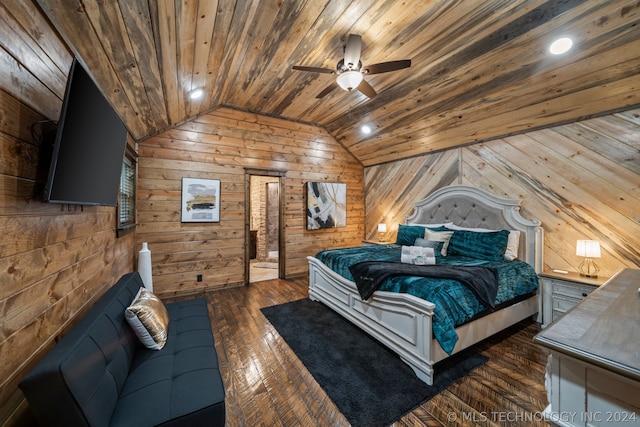 bedroom featuring lofted ceiling, dark hardwood / wood-style floors, wooden walls, wood ceiling, and ceiling fan