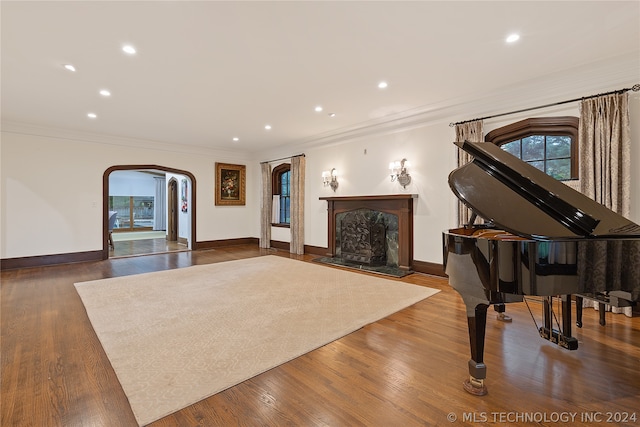 living area featuring a premium fireplace, dark hardwood / wood-style floors, and crown molding