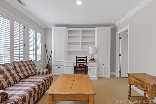 carpeted living room with ornamental molding