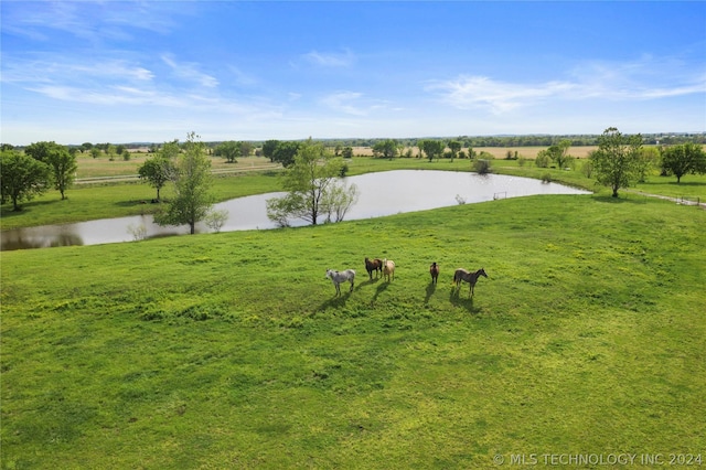 view of community with a rural view, a water view, and a yard