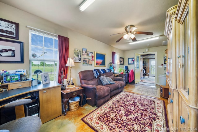 living room with ceiling fan