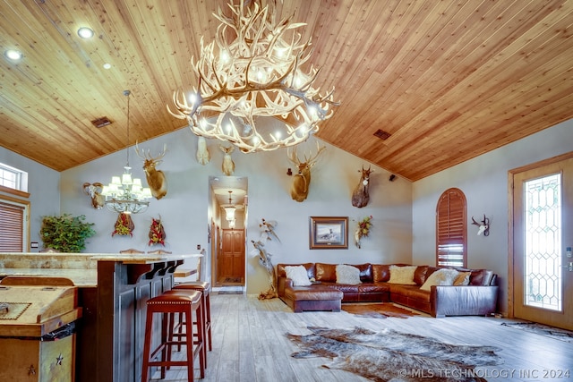 living room featuring a notable chandelier, high vaulted ceiling, wood ceiling, and wood-type flooring