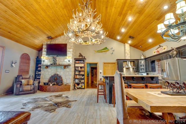 dining space featuring light hardwood / wood-style flooring, a brick fireplace, a chandelier, high vaulted ceiling, and wood ceiling