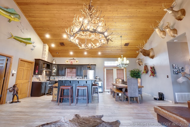 interior space featuring stainless steel fridge with ice dispenser, tasteful backsplash, wood ceiling, and dark brown cabinetry