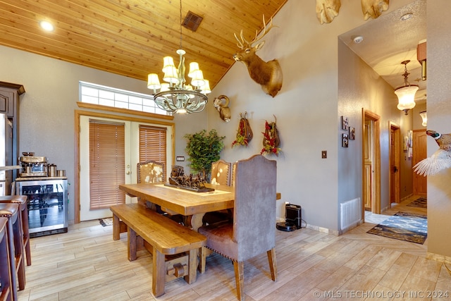 dining room with light wood-type flooring, wooden ceiling, wine cooler, high vaulted ceiling, and a notable chandelier