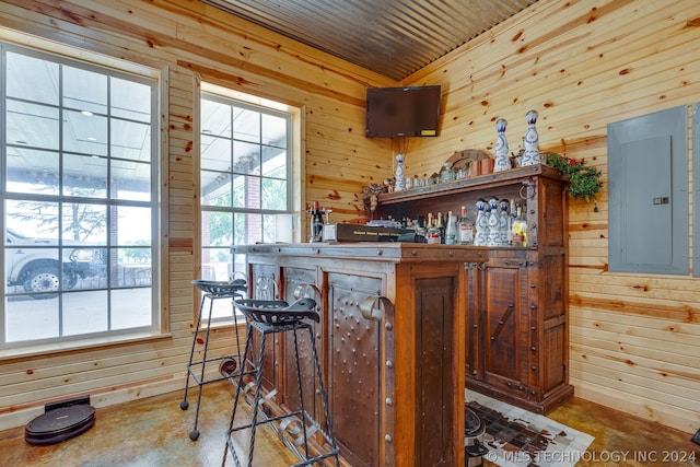 bar with wooden walls and wooden ceiling