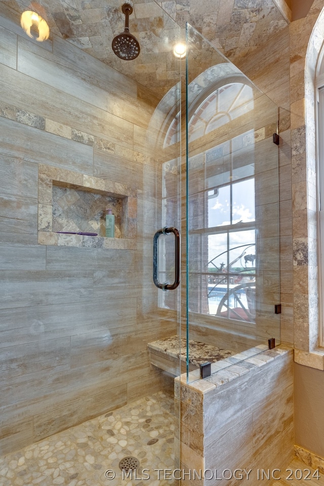 bathroom with a shower with shower door