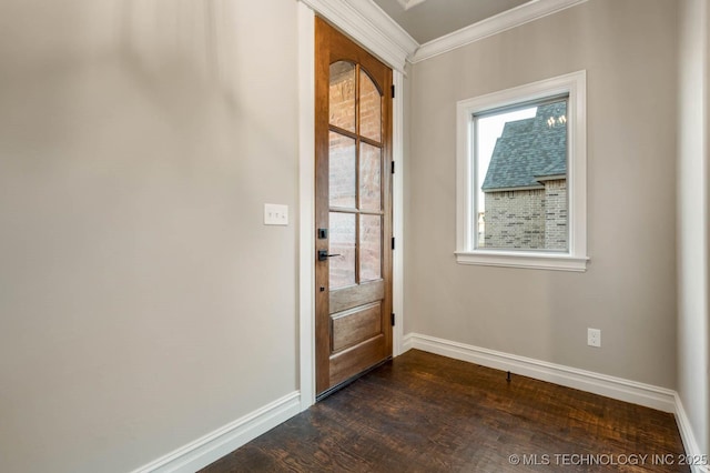 entryway with crown molding and dark wood-type flooring