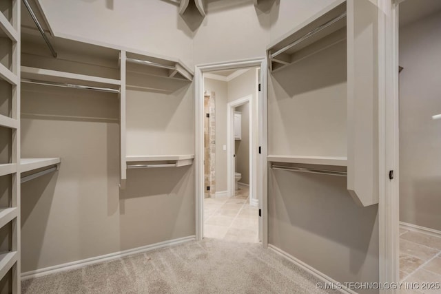 walk in closet featuring light carpet