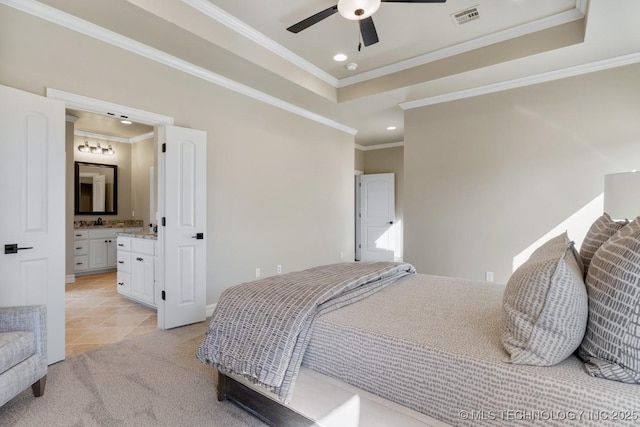 bedroom with recessed lighting, a raised ceiling, light colored carpet, visible vents, and ornamental molding