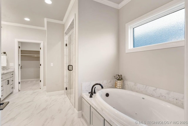 bathroom with a garden tub, marble finish floor, a spacious closet, ornamental molding, and a shower stall