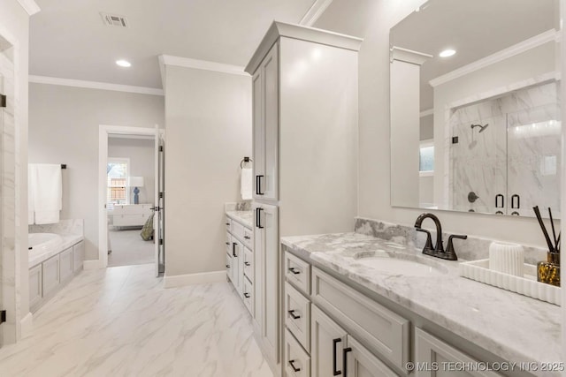 full bathroom featuring ensuite bathroom, marble finish floor, visible vents, and crown molding